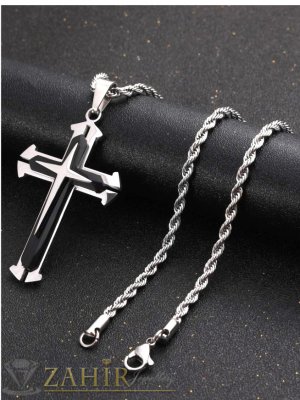 Стилен СТОМАНЕН  ланец 60 см, широк 0,3 см, с висулка стоманен трипластов кръст 5 на 3 см- ML1728